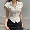 Solid color, elegant lapel, pocket, breasted, slimming and form-fitting short-sleeved 2022 European and American export women's fashion shirt top Specification image